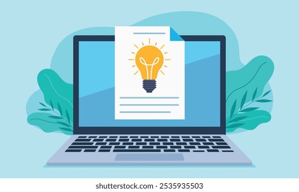 This vector graphic shows a laptop with a document displayed on the screen. The document has a large lightbulb icon symbolizing an idea or innovation. Green leaves surround the laptop, creating a natu