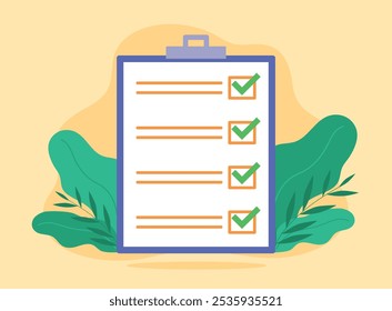 Este gráfico de Vector muestra un Grande Portapapeles con una lista de comprobación de cinco elementos, todos marcados con marcas de verificación verdes, que simbolizan las tareas completadas. El fondo es amarillo claro con hojas verdes.