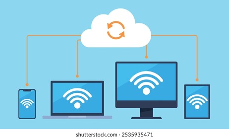 Diese Vektorgrafik zeigt mehrere Geräte, einschließlich Smartphone, Laptop, Desktop und Tablet, die alle mit einem Cloud-Symbol mit Synchronisationspfeilen verbunden sind. Jedes Gerät zeigt ein Wi-Fi-Symbol an.