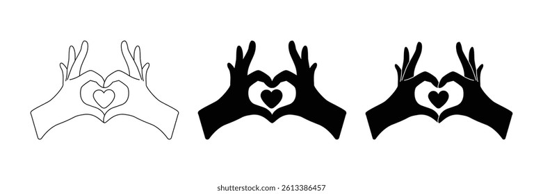 This vector graphic shows three variations of hands forming a heart shape.