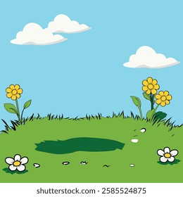 this vector graphic of a summer landscape with flowers, grass, and clouds. the scene showcase a field of lush green grass adorned with colorful wildflowers, and a bright blue sky with white clouds