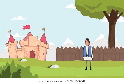 In this vector graphics is a boy looking at a castle, behind the boy is a wooden fence in the background is a tree and mountains, vector, cartoon.