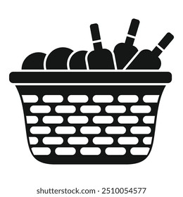 This vector icon of a basket full of wine bottles is perfect for illustrating a romantic picnic