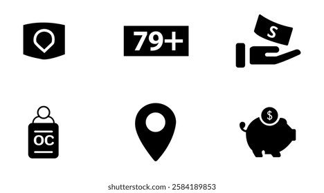 This vector icon collection features six essential business and finance symbols: a shield with a location marker (secure location), a numeric notification badge (count indicator), a hand holding cash 