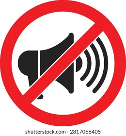 This is a vector icon depicting a loudspeaker with a diagonal line through it, indicating a prohibition of sound or speech on a white background.