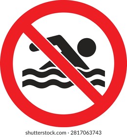 This is a vector icon depicting a no swimming prohibition symbol. It features a swimmer silhouette crossed out with a red diagonal line on a