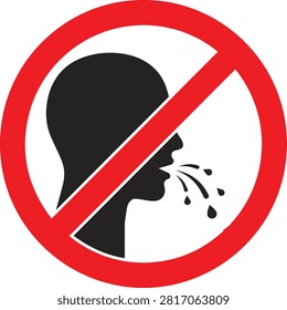 This is a vector icon depicting a prohibition of spitting, featuring a silhouetted profile with expelled droplets, set against a white background.