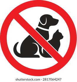 This is a vector icon depicting a prohibition symbol with silhouettes of a dog and a cat, set against a white background.