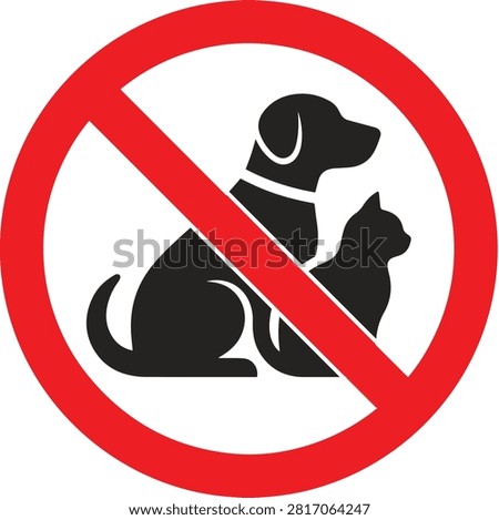 This is a vector icon depicting a prohibition symbol with silhouettes of a dog and a cat, set against a white background.