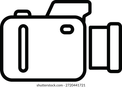 This vector icon depicts a compact camera in a minimalist style. The camera is shown in a side profile, with a rectangular body and a prominent lens on the front. The design is flat and two-dimensional, with clean lines and no shading. The icon is monochromatic, using a single color for all elements. The line quality is smooth and consistent, giving the icon a polished look. The purpose of this icon is to represent photography or camera-related concepts in a simple and recognizable manner.