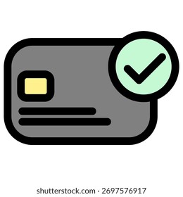Este ícono de Vector representa una tarjeta de crédito con una marca de verificación que simboliza el pago verificado y las transacciones bancarias en línea seguras. Ideal para App y Sitios web relacionados con finanzas y pagos.