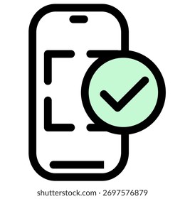 Este ícono de Vector representa una pantalla de teléfono inteligente con una marca de verificación que simboliza el pago móvil exitoso o la transacción bancaria en línea. Ideal para App de finanzas y Sitios web.