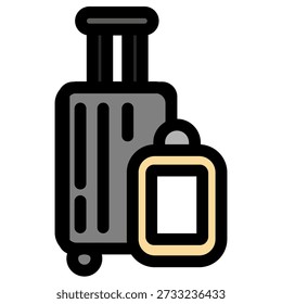 This vector icon depicts a wheeled suitcase and a smaller handbag- perfect for travel- vacation- or transportation themes. It's a simple yet effective visual for websites or apps.