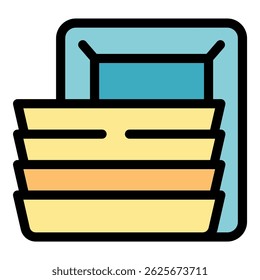 This vector icon of a dishwasher opening with stacked clean dishes inside is perfect for projects related to modern kitchen appliances