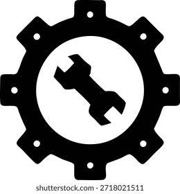 Este ícono de Vector presenta un engranaje negro con una llave inglesa en el interior, que simboliza Configuraciones, mantenimiento, reparación o ingeniería. Ideal para Sitios web, aplicaciones móviles, presentaciones y documentación técnica para transmitir conceptos de servicio, optimización y control del sistema. Perfecto para contenido relacionado con negocios y tecnología.
