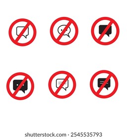 This vector icon features minimalist design to signify a "message banned" or "message blocked" concept.It includes speech bubble or chat with a prominent prohibition mark overlaying it. 