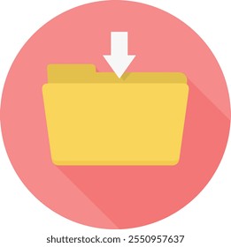 This vector icon features a yellow folder with a downward arrow, symbolizing file download and data retrieval. Perfect for illustrating digital storage solutions, online document access, and efficient