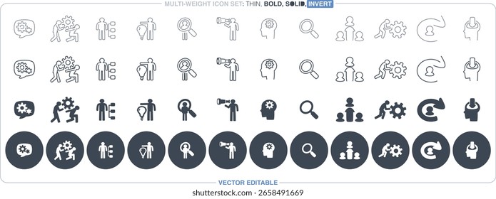 This vector icon file features multiple styles, including thin outline, bold, solid, and negative icons on a dark button, all fully editable to suit a business concept theme.