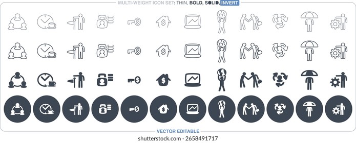 This vector icon file features multiple styles, including thin outline, bold, solid, and negative icons on a dark button, all fully editable to suit a business concept theme.