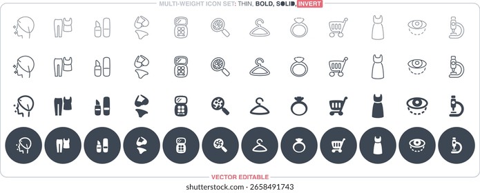 This vector icon file features multiple styles, thin outline, bold, solid, and negative icons on a dark button, all fully editable to suit a beauty and fashion theme.