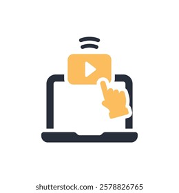 This vector icon illustrates ondemand video streaming, showing a laptop with a play button and a clicking hand gesture, highlighting user interaction and engagement in digital entertainment