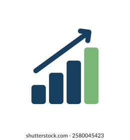 This vector icon illustrates strategic growth with ascending bars and an arrow, symbolizing business improvement, success in competition, and a focus on future progress across market sectors