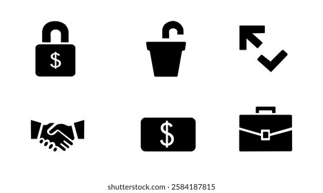 This vector icon pack includes six essential business and financial symbols: a dollar padlock (secure payment), an unlocked bin (access control), a directional arrow with a checkmark (verification), 