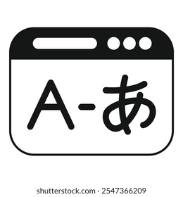 This vector icon represents the concept of online japanese learning through an interface displaying latin and japanese characters