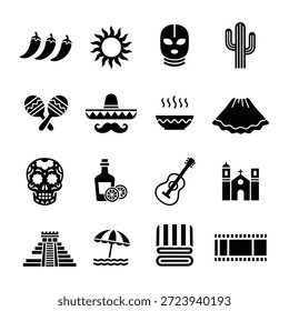 Este conjunto de ícones vetoriais capta lindamente a essência da cultura mexicana, apresentando elementos tradicionais como um sombrero, maracas, pimentas chili, um crânio de açúcar, tequila, uma guitarra e uma pirâmide. Perfeito para viagens, comida e projetos culturais.
