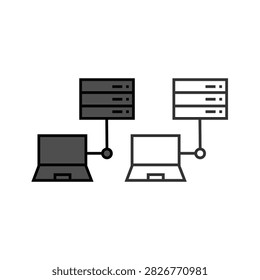 This vector icon set displays a laptop computer connected to a database server rack through a central network node, shown in both flat dark grey fill and clean line art outline styles. Isolated on a plain white background, this versatile graphic collection represents client-server architecture, cloud hosting, remote database access, and data synchronization. It is ideal for IT infrastructure websites, software user interface design, technical presentations, and network security applications.

#DataServer #ClientServer #CloudHosting #NetworkConnection #DatabaseManagement #VectorIcon #GraphicDesign #TechIllustration #FlatDesign #LineArt #UIUXDesign