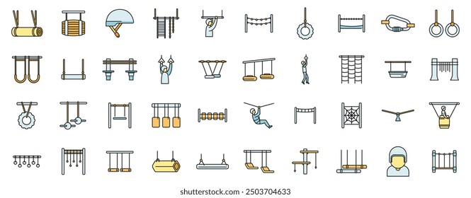 This vector icon set features people navigating challenging rope courses and obstacles, highlighting the excitement and physicality of adventure parks