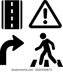 This vector icon set features four bold and minimalistic black and white road-themed symbols. The icons include a road with lane markings, a triangular warning sign with an exclamation mark, 