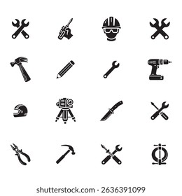 This vector icon set features construction workers, hand tools, heavy machinery, safety helmets, and industrial equipment. Ideal for labour, building, or repair-themed designs.

