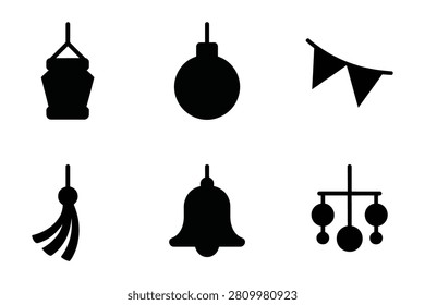This vector icon set features six distinct black silhouette hanging decorations for festive occasions holiday events and celebrations It includes a decorative lantern a classic bauble a party bunting an ornamental tassel a traditional bell and a bab.