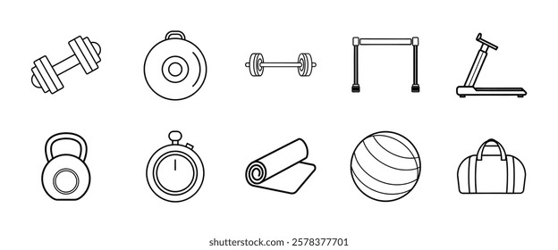 This is a vector icon set featuring gym and fitness-related equipment in a minimalist line-art style. The set includes icons of dumbbells, kettlebells, barbells, a treadmill, a stopwatch, a yoga mat
