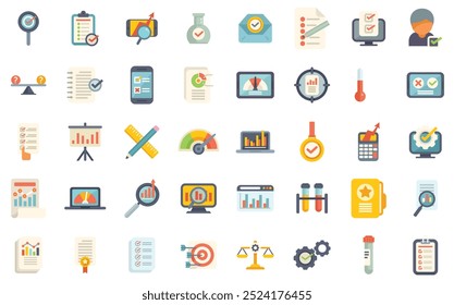 This vector icon set illustrates various concepts related to evaluation, assessment, and analysis in business, science, and technology