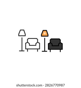 This vector icon set illustrates cozy living room interior furniture, featuring modern armchairs paired with tall floor lamps. Presented in line art, filled dark grey, and a touch of orange glowing light styles against a clean white background, this graphic set represents home decor, interior design, comfort, and domestic relaxation. It is ideal for interior design websites, furniture store catalogs, real estate branding, and home decor app UI icons.

#LivingRoomFurniture #ArmchairIcon #FloorLamp #InteriorDesign #HomeDecor #FurnitureSet #VectorGraphic #LineArt #FlatDesign #UIUXDesign #CozyHome #HouseDecor