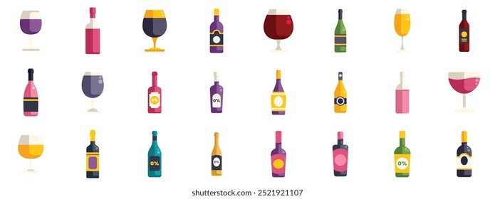 Este conjunto de iconos de Vector muestra una variedad de botellas y vasos de vino y licor, perfectos para ilustrar un menú o bar