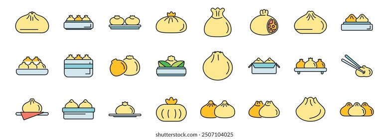 This vector icon set shows various types of asian dumplings being steamed, served on plates, and packaged to go