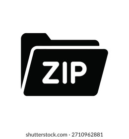 Este ícono de Vector muestra una silueta de carpeta negra con las letras ZIP en blanco, lo que indica un Archivar de archivos comprimido o con cremallera, listo para usar sobre fondo blanco.