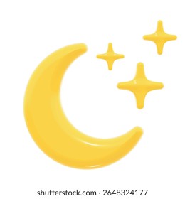 This vector icon shows a shiny yellow crescent moon surrounded by three glossy star sparkles. The soft 3D cartoon style makes it perfect for weather apps, night-time illustrations or nursery designs.