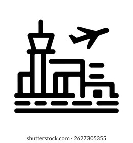 This Vector Icon Unites An Airport Terminal And A Departing Plane, Symbolizing The Thrill Of Travel And The Global Reach Of Tourism Through Flight.
