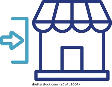 This vector icon visually depicts a store building with an arrow pointing into it marketing to attract customers to come to the store or visit the online platform.