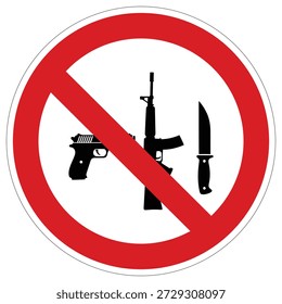 Este vetor ilustra um claro sinal de proibição com várias armas, incluindo uma pistola, rifle e faca, para uso em avisos de segurança e zona restrita.