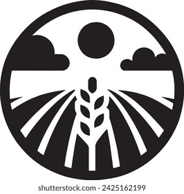 This vector illustrates the silhouette of an idyllic farm landscape, encapsulating the abundance of the fields with crop rows under the watchful eye of the sun.