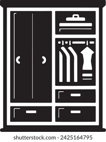 This vector illustrates the silhouette of an organized wardrobe, half open to reveal neatly hung attire and arranged accessories. 