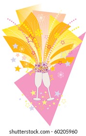 This is a vector illustration of 2 bubbling wine glasses in a party atmosphere.