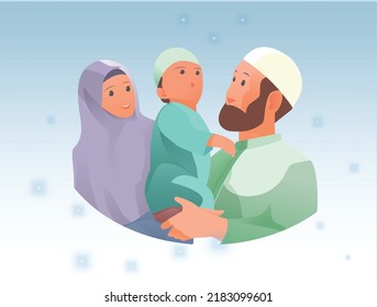 This vector illustration about muslim family consist of Mother, young kid, and father