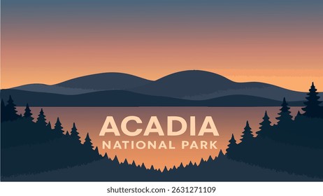 This vector illustration of Acadia National Park captures the park's stunning coastline and dramatic mountain views at sunrise.