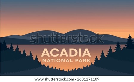 This vector illustration of Acadia National Park captures the park's stunning coastline and dramatic mountain views at sunrise.